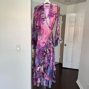 GloryAng Colombian designer Floral Pink & Purple Ruffle Wrap Dress size S